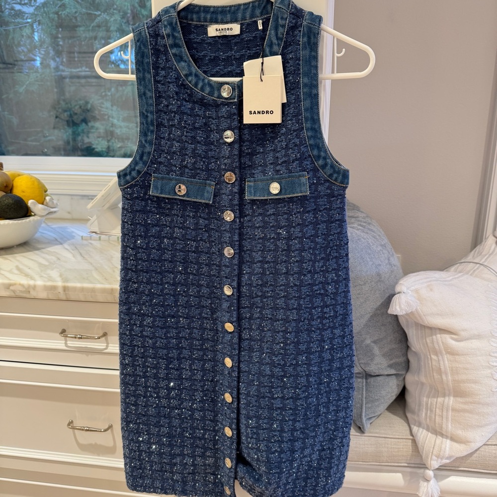 Sandro Navy Blue Tweed Mini Dress with Button Front